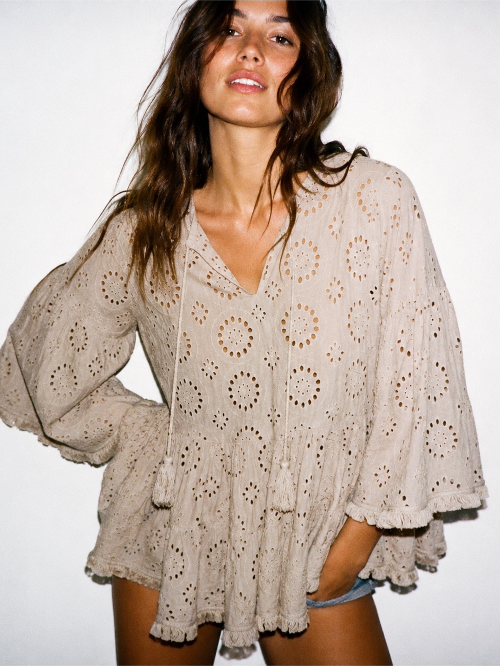 NWT Blanco de Ibiza Eyelet Cotton Boho Peasant Top Taupe One Size